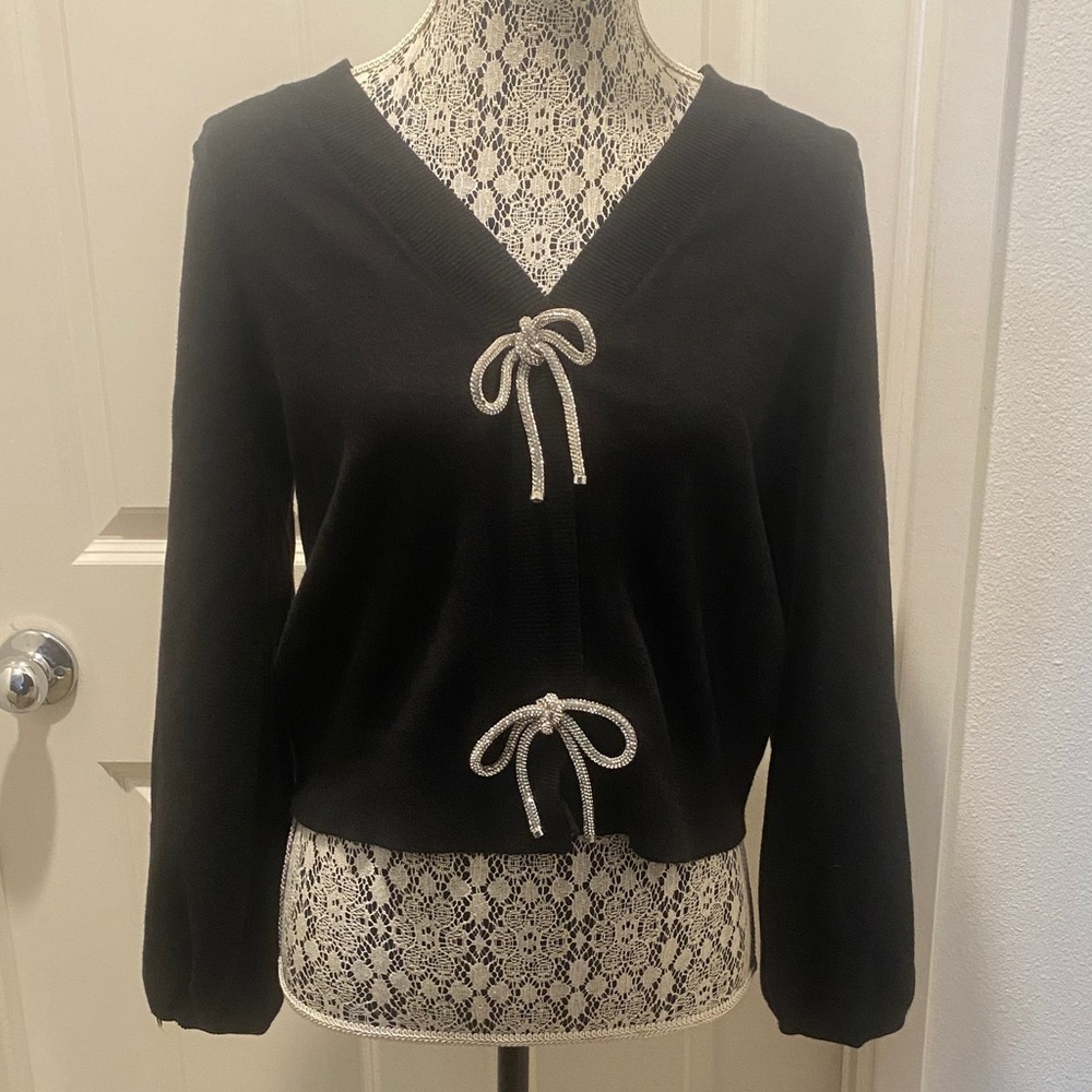 Express Black V-Neck Top with Bow Details EUC